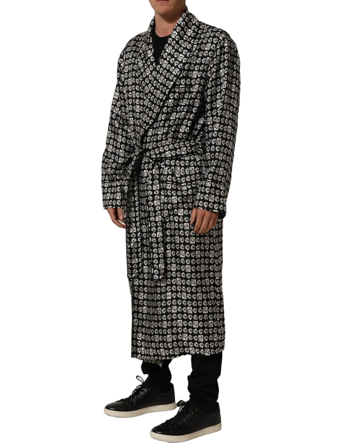 Black White Silk Men Wrap Robe Coat Jacket