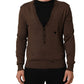 Brown Flax Buttoned V-neck Pullover Sweater