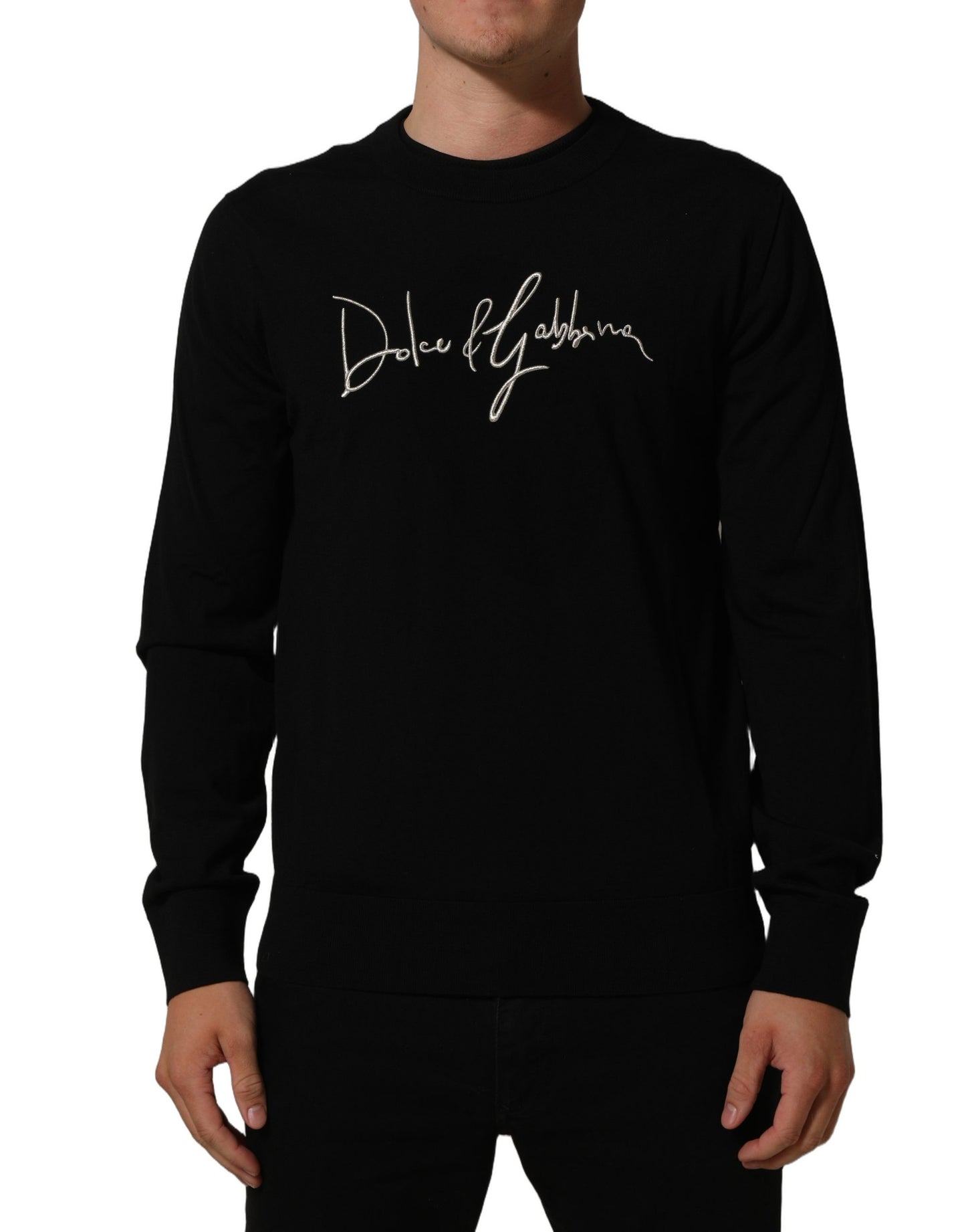 Black DG Embroidered Crew Neck Pullover Men Sweater
