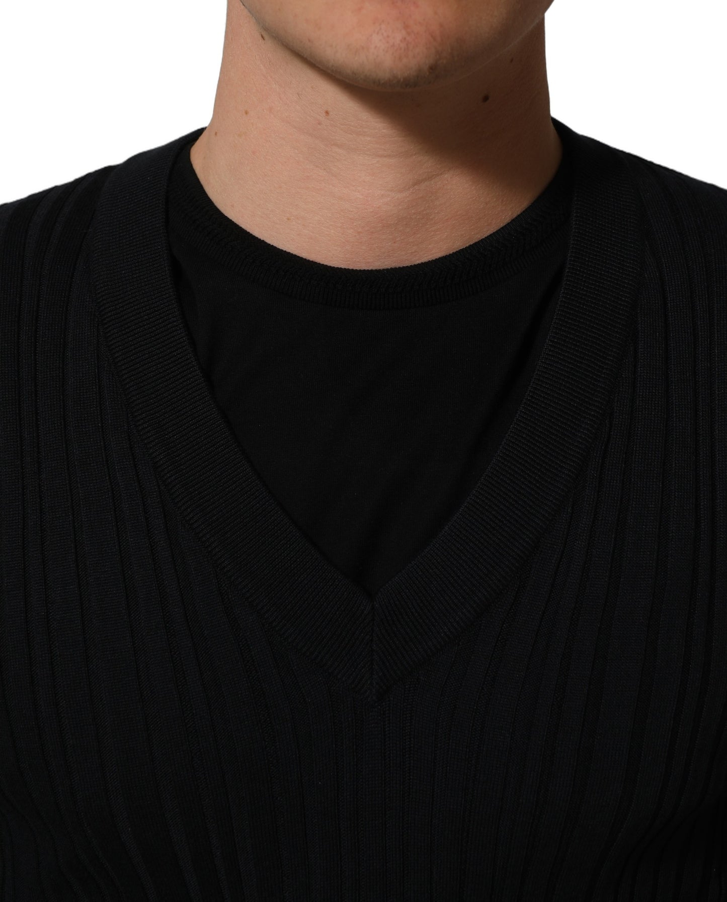 Black Silk Blend V-neck Pullover Men Sweater