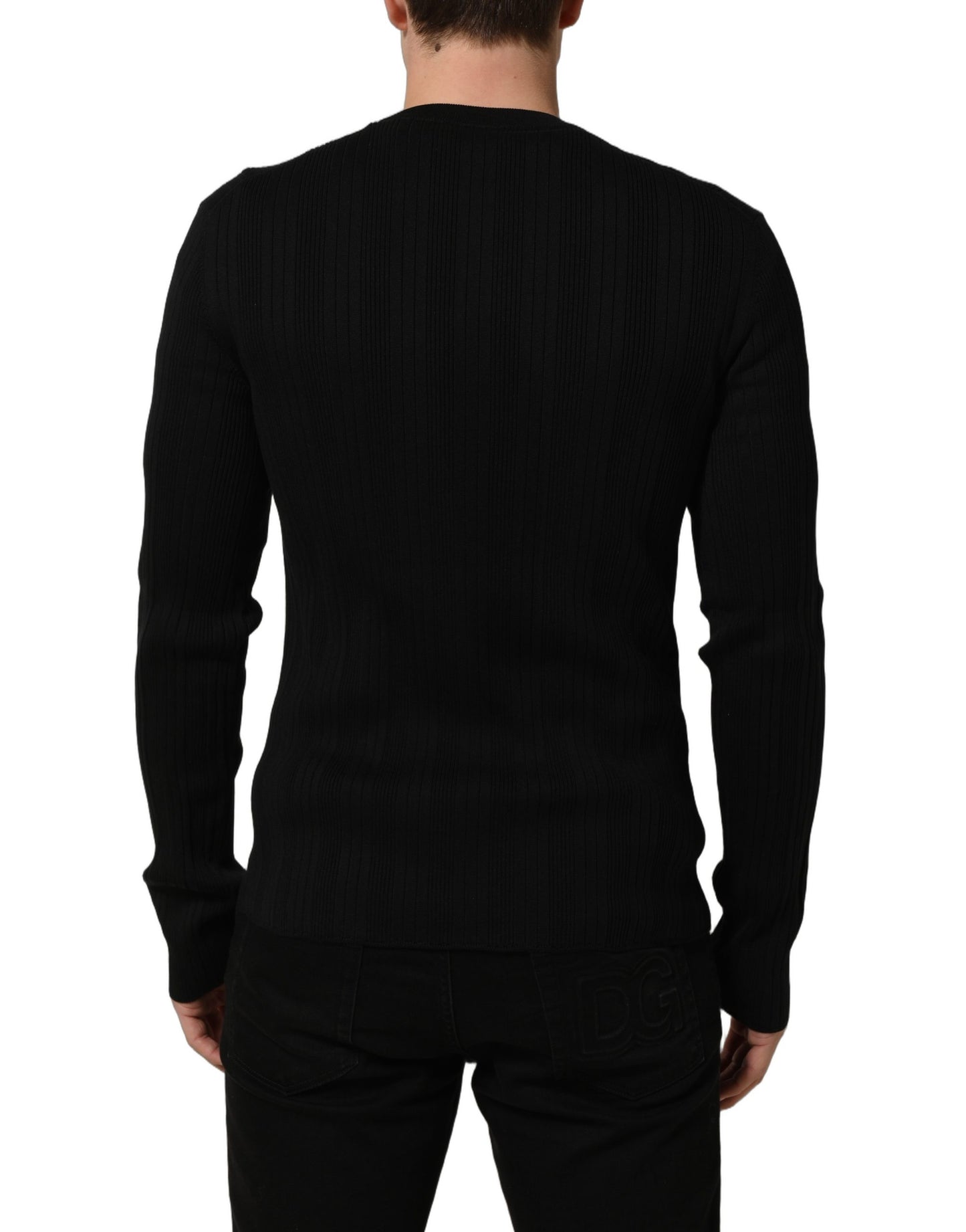 Black Silk Blend Henley Pullover Men Sweater