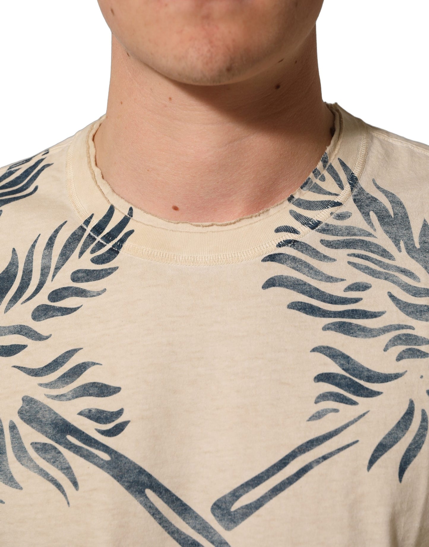 Beige Cotton Graphic Print Crew Neck T-shirt