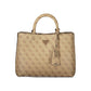 Beige Leather Women's Bag with Handles and Shoulder Strap