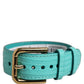 Blue Textured Leather Gold Buckle Belt Strap Bracelet