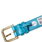 Blue Embossed Leather Gold Buckle Belt Strap Bracelet