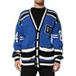 Blue Cotton Logo Patch Ribbed Knit Cardigan Sweater