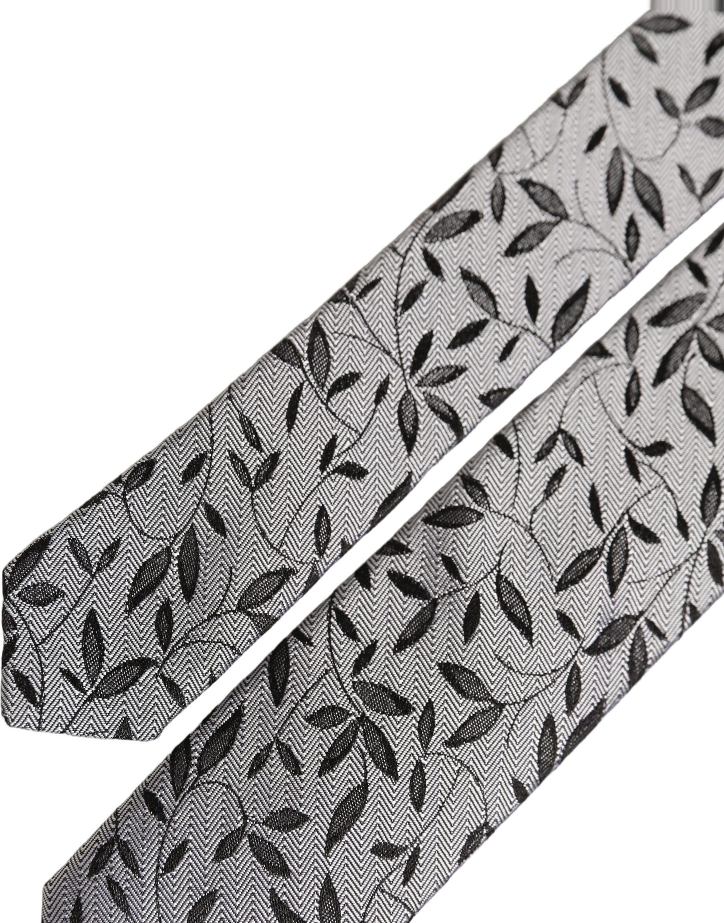 Men Gray Leaf Pattern Silk Adjustable Tied Necktie Tie