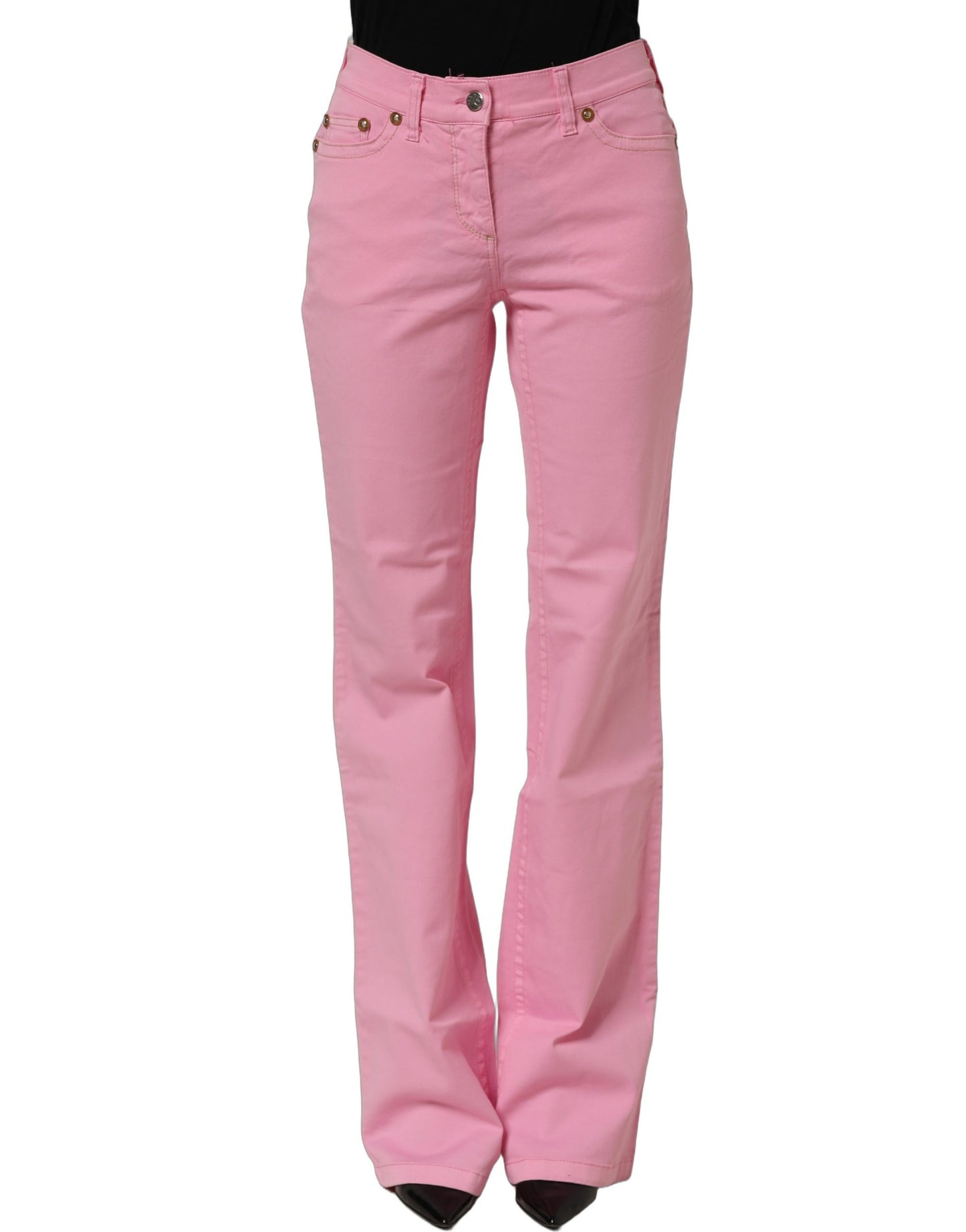Pink Mid-Waisted Flared Denim Casual Jeans
