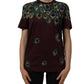 Burgundy Peacock Feather Round Neck T-shirt