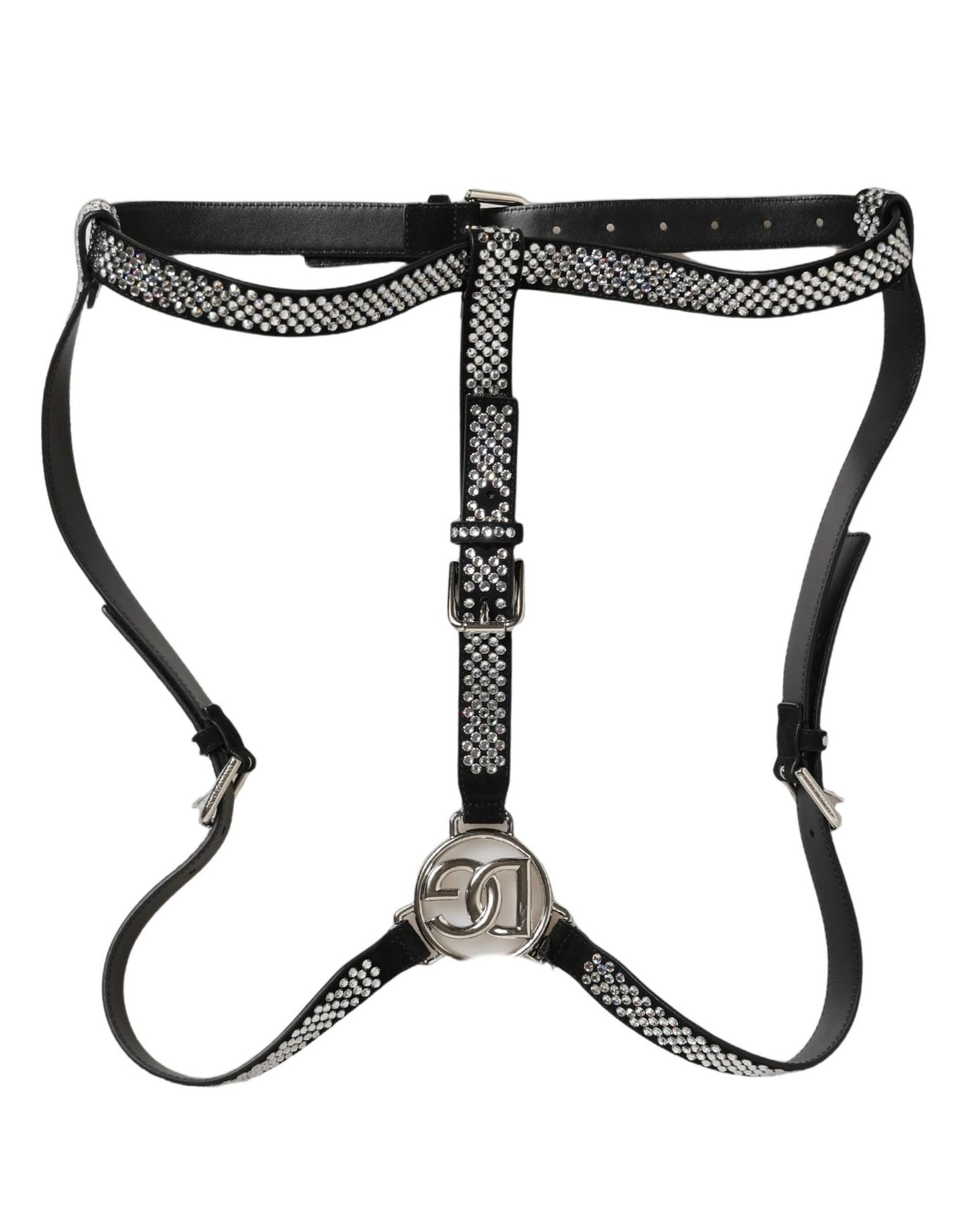 Black Leather Rhinestones Embellished Men Suspender