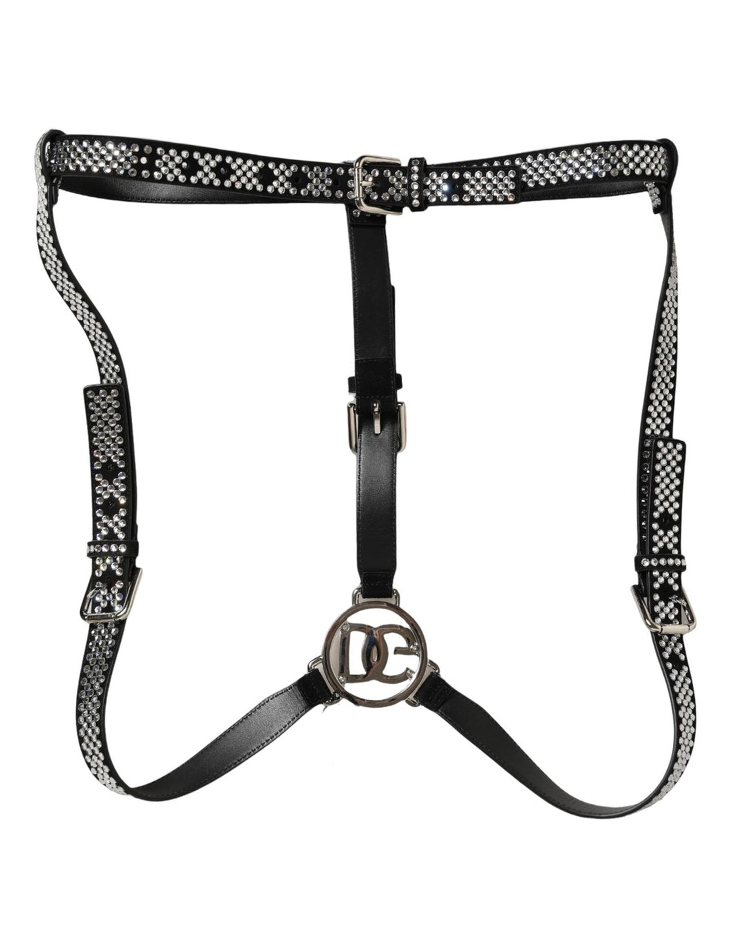 Black Leather Rhinestones Embellished Men Suspender