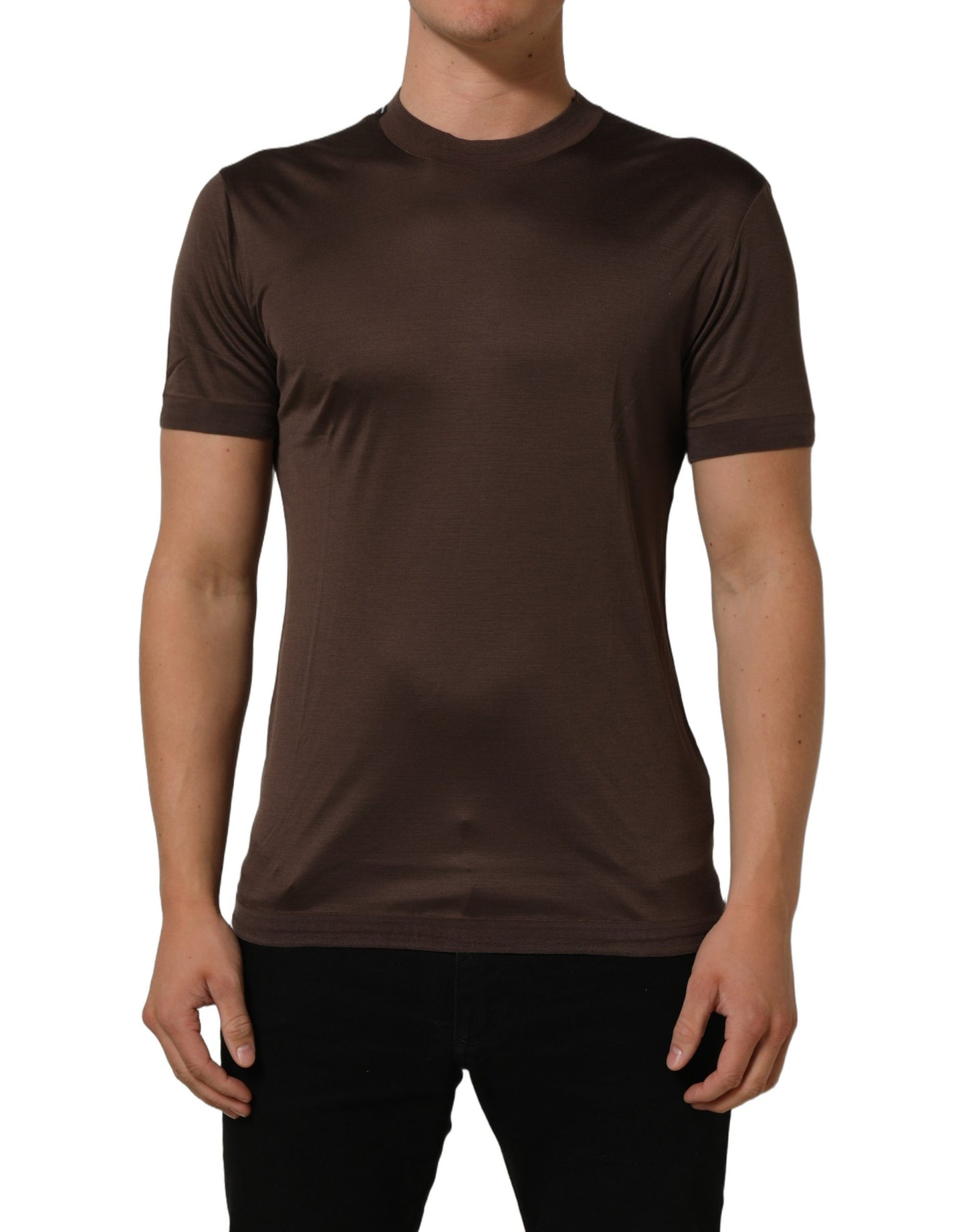 Brown Silk Crew Neck Short Sleeves T-shirt