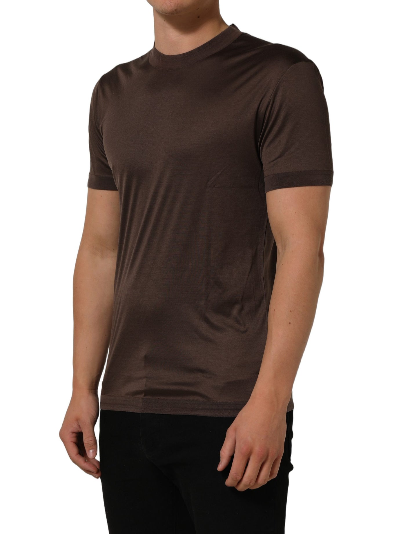Brown Silk Crew Neck Short Sleeves T-shirt