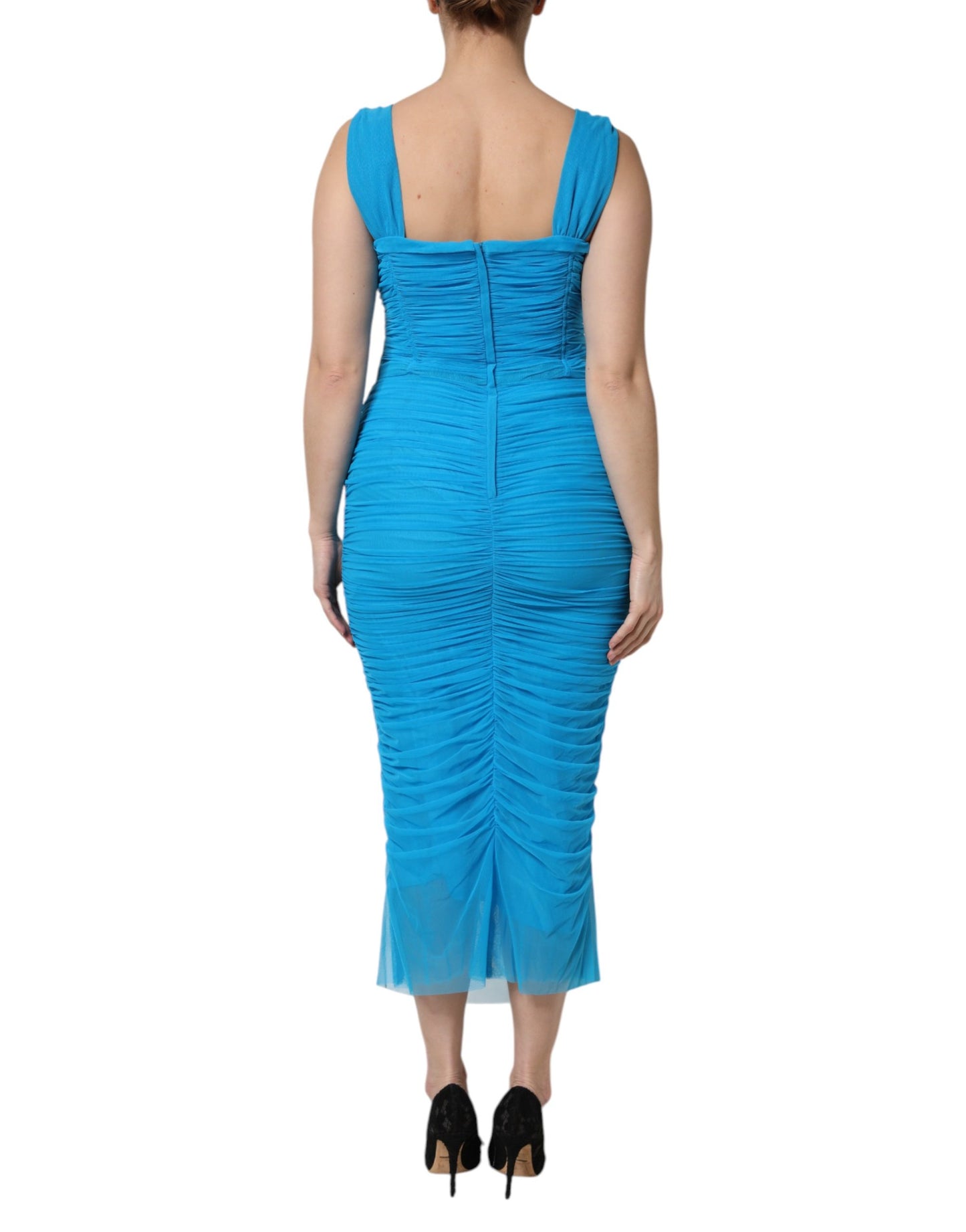 Blue Ruched Tulle Midi Square Neck Dress