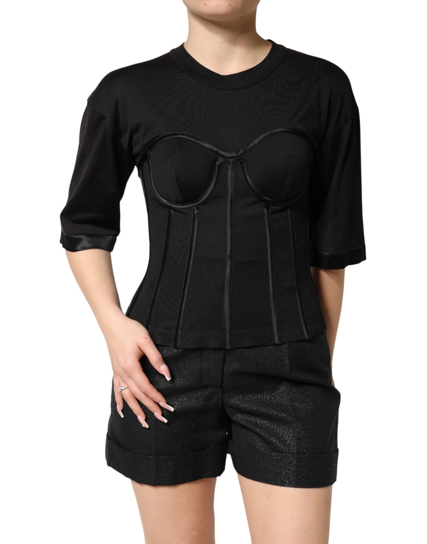 Black Cotton Short Sleeve Bustier T-shirt Top