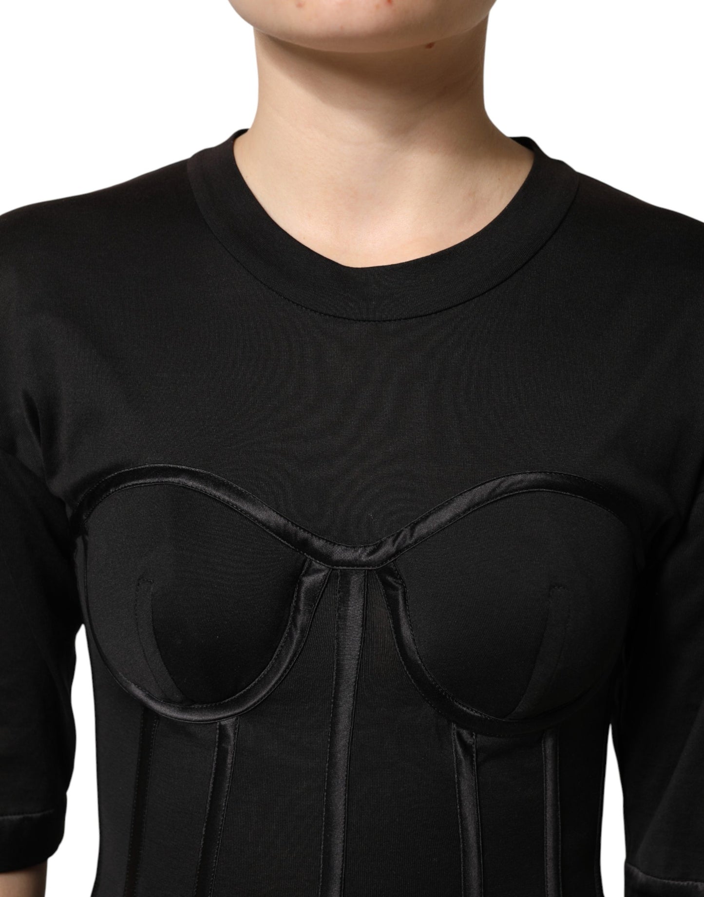 Black Cotton Short Sleeve Bustier T-shirt Top