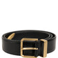 Black Leather Gold Logo Engraved Buckle Belt