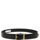 Black Leather Gold Logo Engraved Buckle Belt