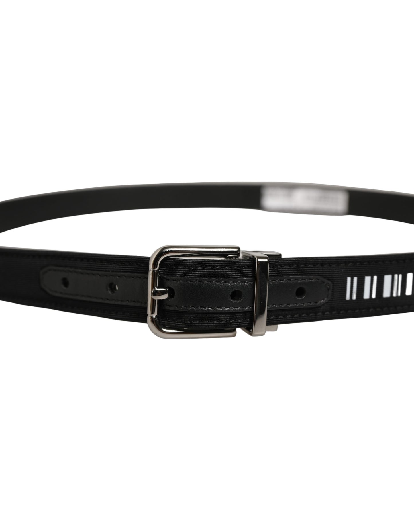 Black Fabric Leather Barcode Silver Buckle Belt