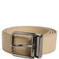 Beige Leather Silver Tone Metal Buckle Belt