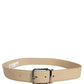 Beige Leather Silver Tone Metal Buckle Belt