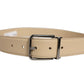 Beige Leather Silver Tone Metal Buckle Belt