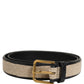 Beige Black Woven Leather Metal Buckle Belt