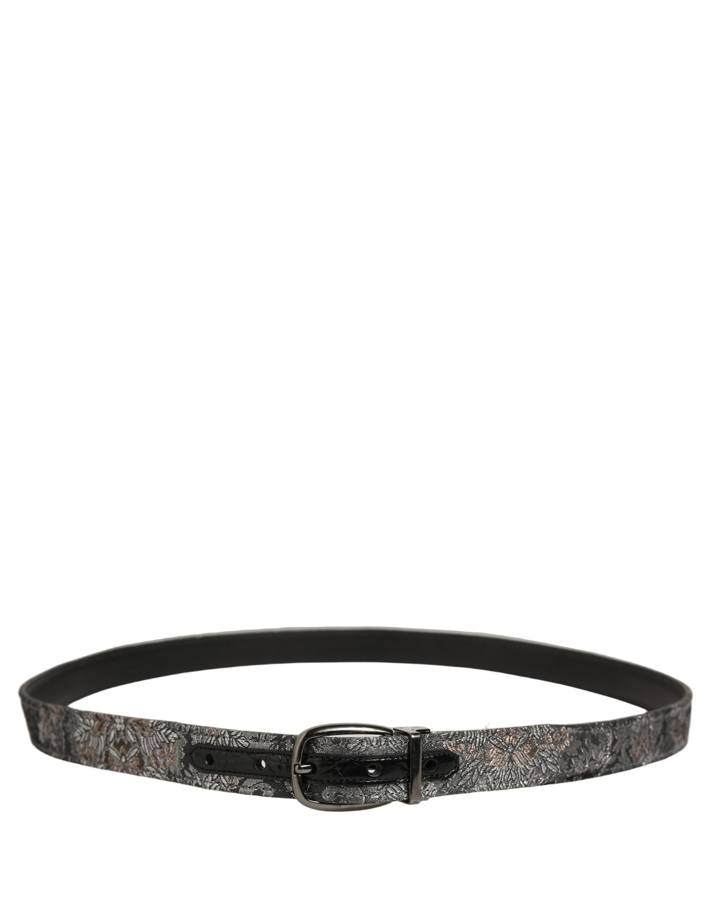 Silver Black Floral Jacquard Metal Buckle Belt