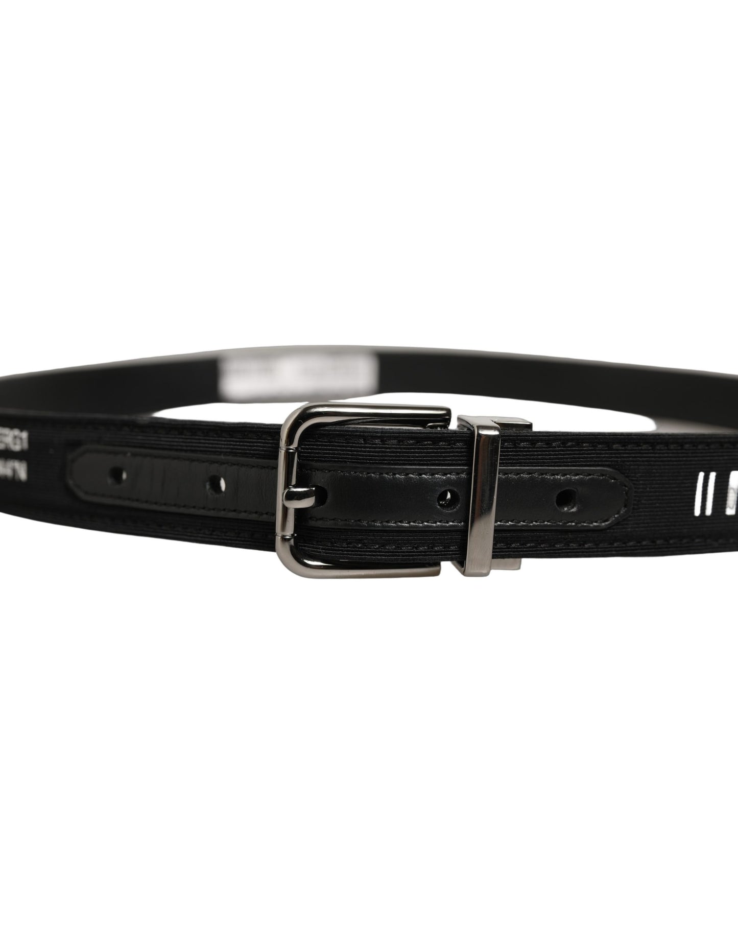 Black Fabric Leather Barcode Silver Buckle Belt