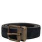 Men Black Leather Gold Tone Metal Buckle Belt
