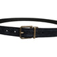 Men Black Leather Gold Tone Metal Buckle Belt
