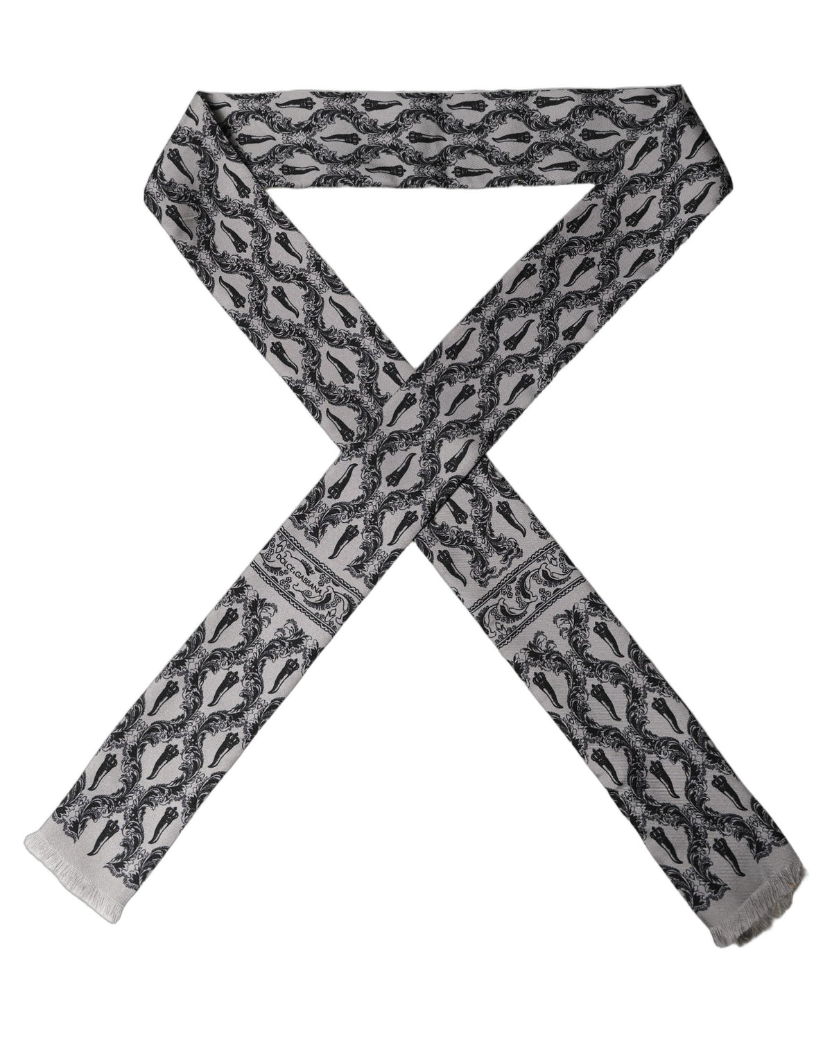 Gray Baroque Silk Fringed Skinny Foulard Scarf