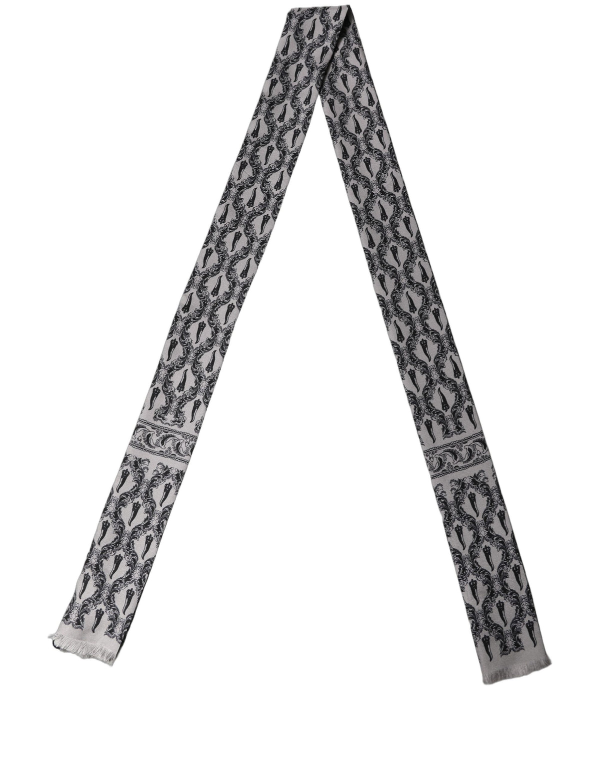 Gray Baroque Silk Fringed Skinny Foulard Scarf