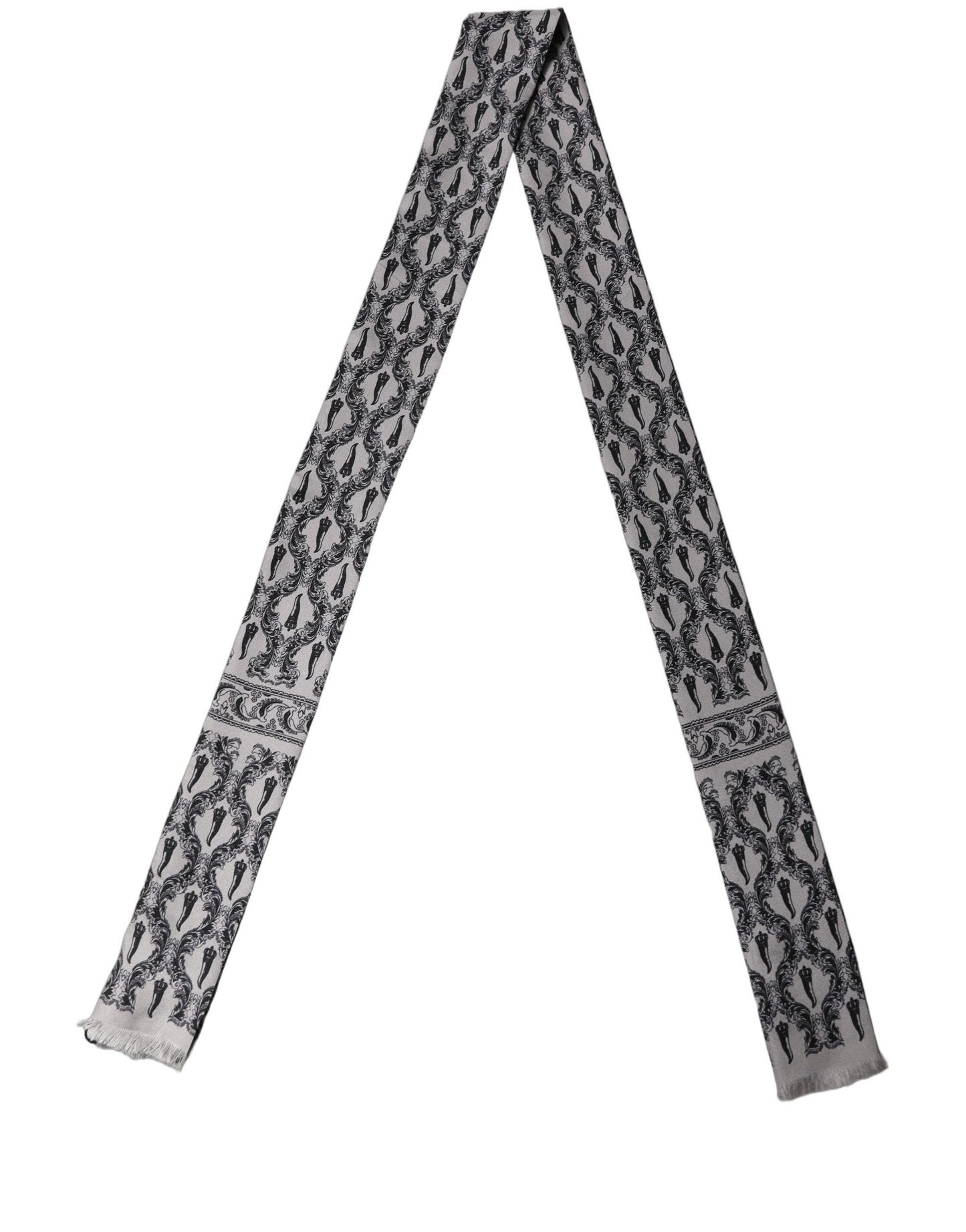 Gray Baroque Silk Fringed Skinny Foulard Scarf