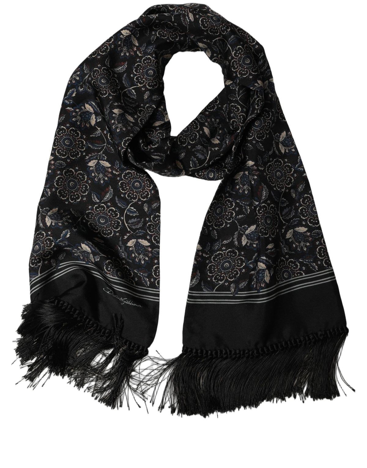Black Silk Floral Paisley Fringed Shawl Scarf