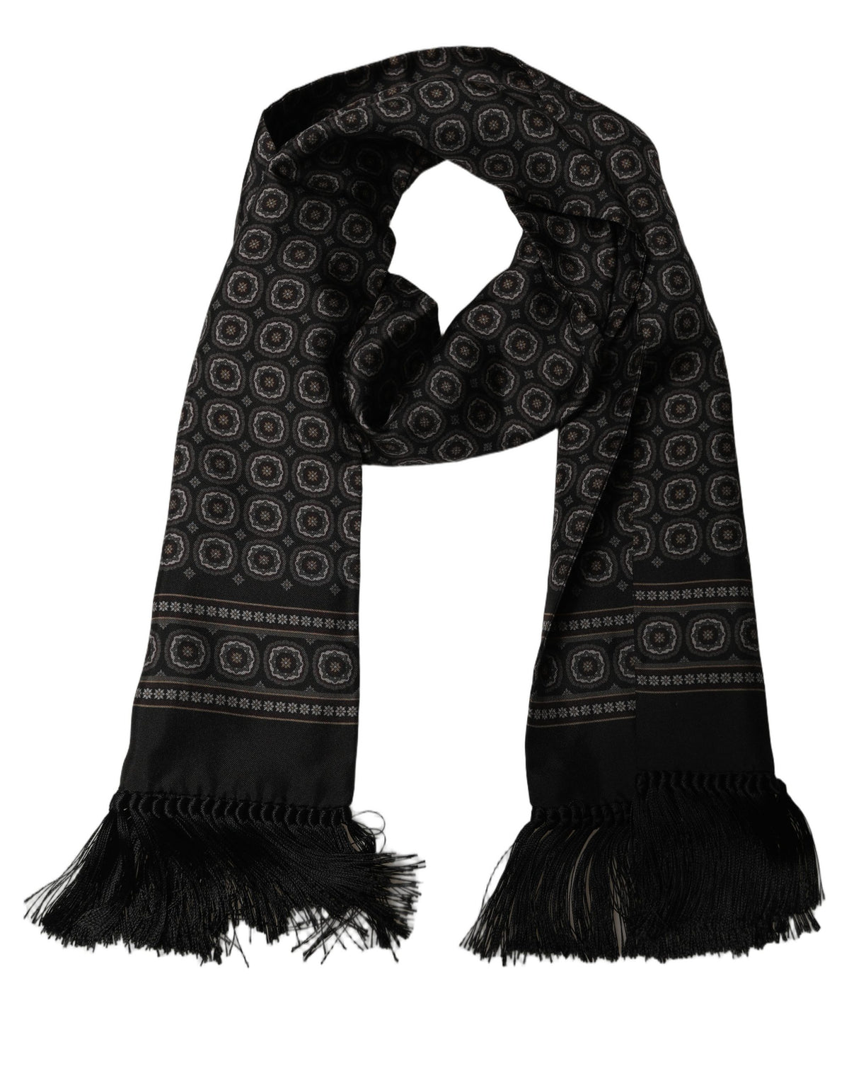 Black Silk Geometric Fringed Neck Shawl Scarf