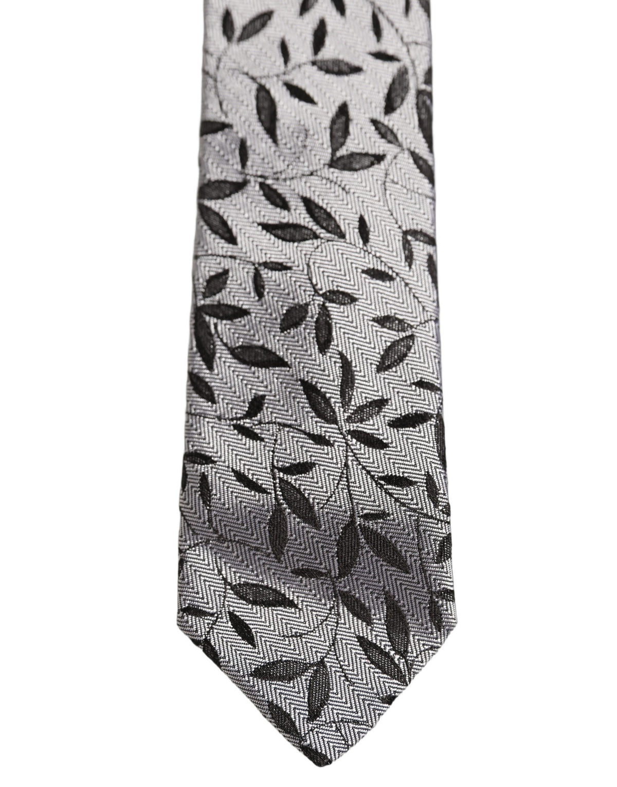 Men Gray Silk Leaf Pattern Adjustable Tied Necktie Tie
