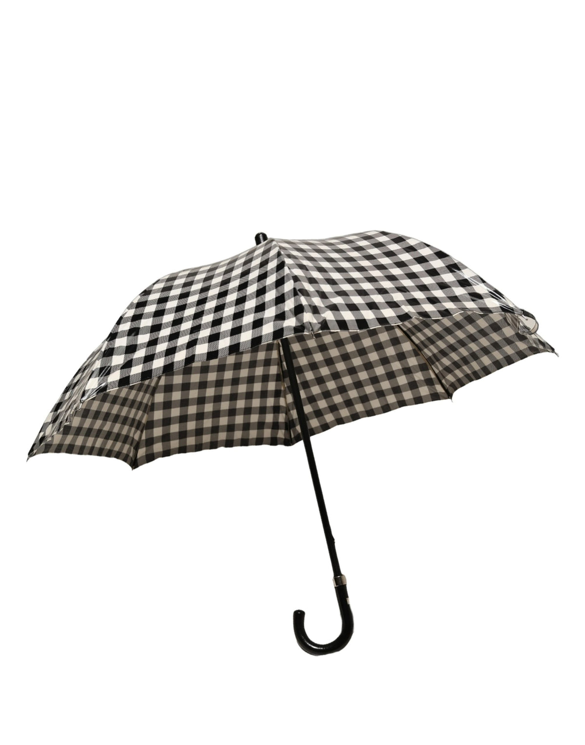 Black White Gingham Check Cotton Long Handle Umbrella