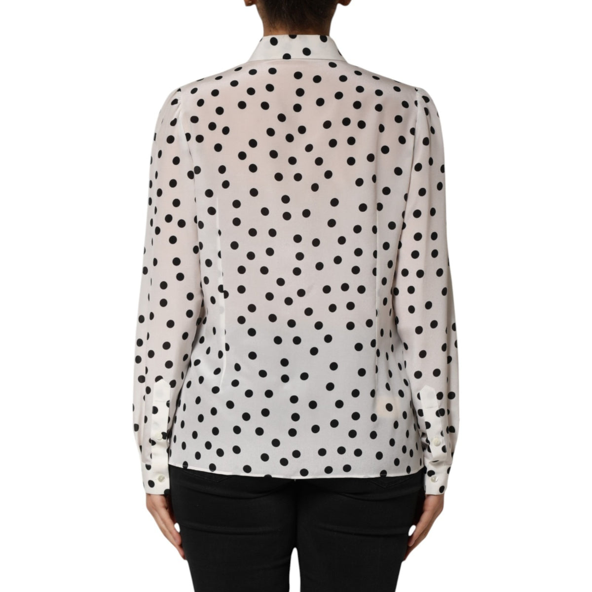 White Black Dotted Silk Long Sleeves Top