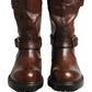 Brown Leather Mid Calf Biker Boots Shoes