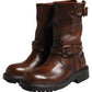 Brown Leather Mid Calf Biker Boots Shoes