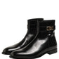 Black Leather Buckle Mid Calf Boots Shoes