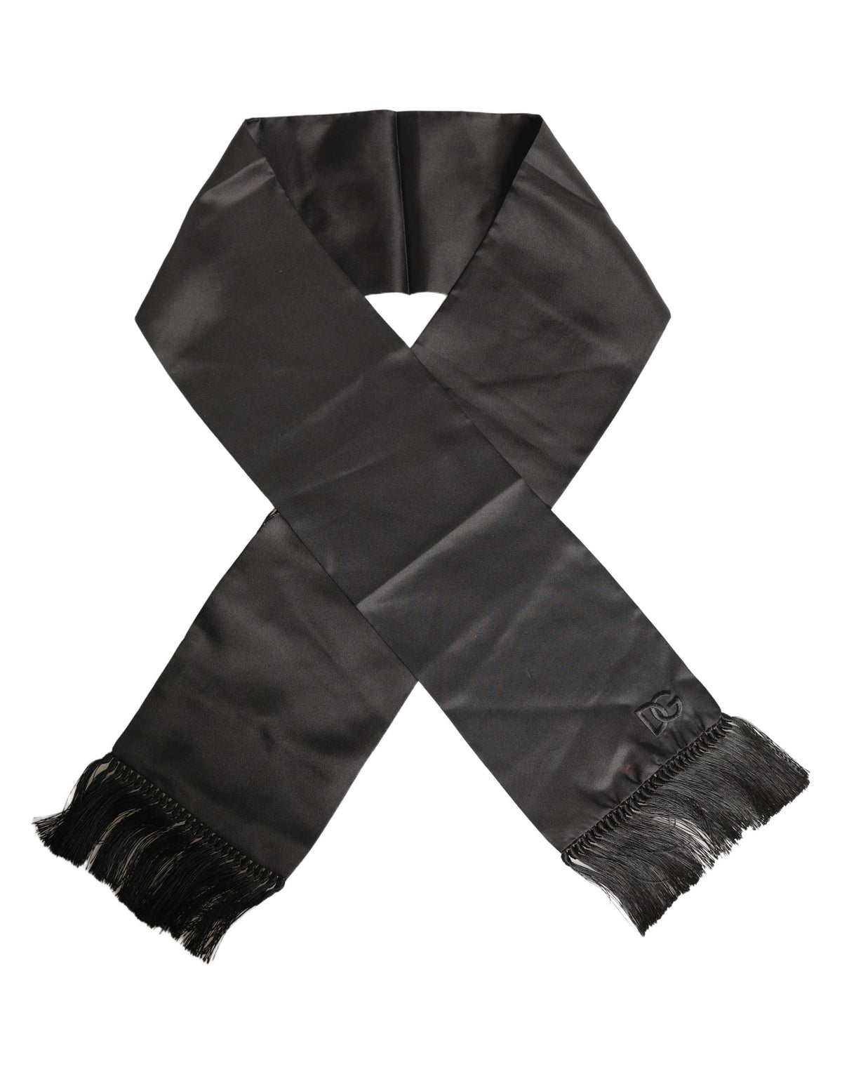 Black Satin Silk Fringed Lace Stole Scarf