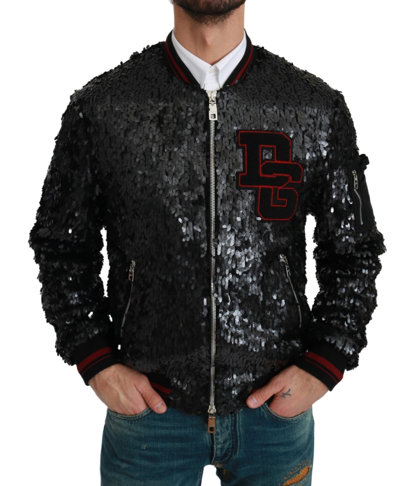 Elegant Black Bomber Jacket with Red Detailing