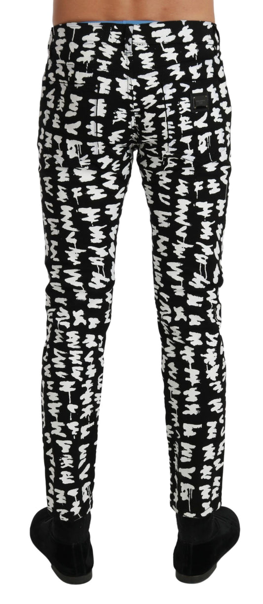 Elegant Black and White Patterned Denim Jeans