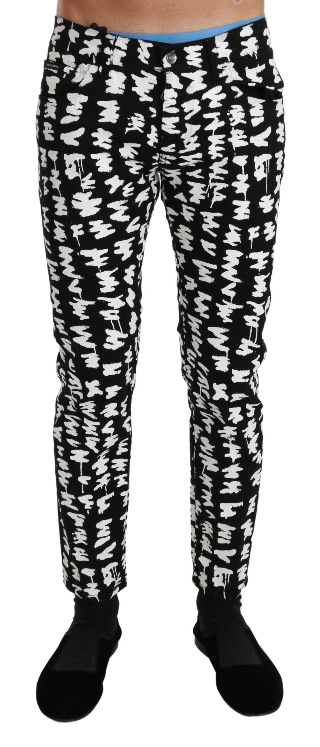 Elegant Black and White Patterned Denim Jeans