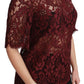 Maroon Floral Lace Short Sleeve Blouse