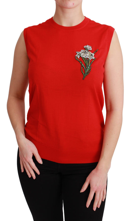 Embroidered Red Wool Tank Blouse
