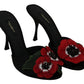 Elegant Black Silk Rose Heeled Sandals