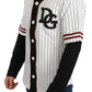 Elegant Striped V-Neck Sweater with Badge Accents